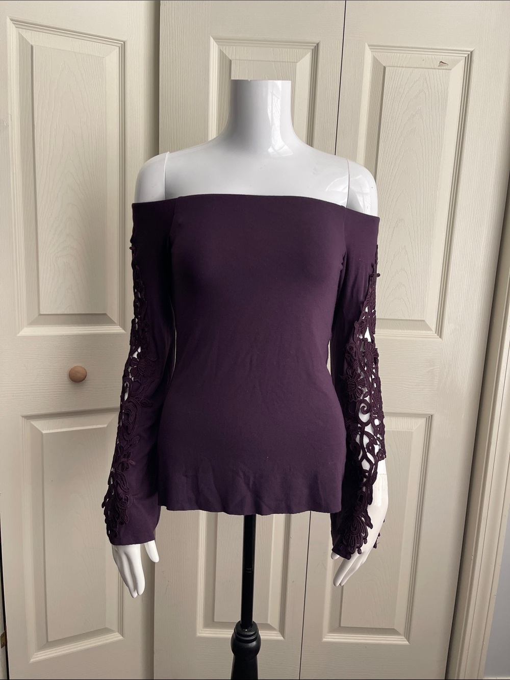 Bailey 44 Purple Off-The-Shoulder Top with Crochet Lace Sleeves.  #0528
